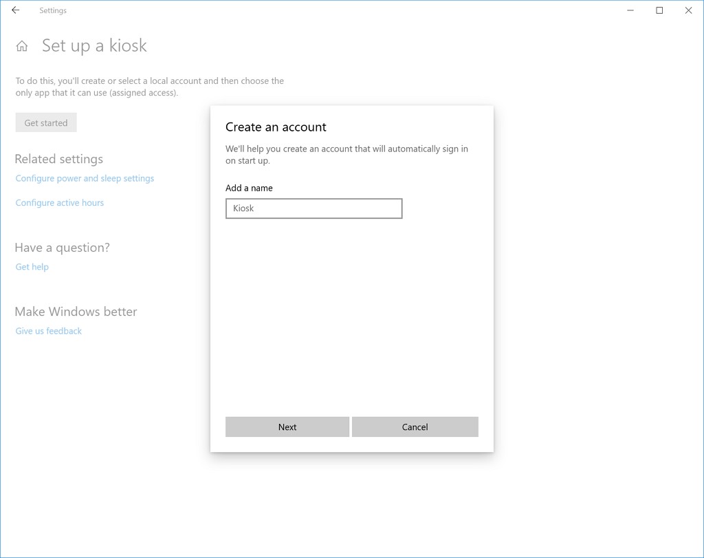 Updated kiosk wizard on Windows 10 build 17723