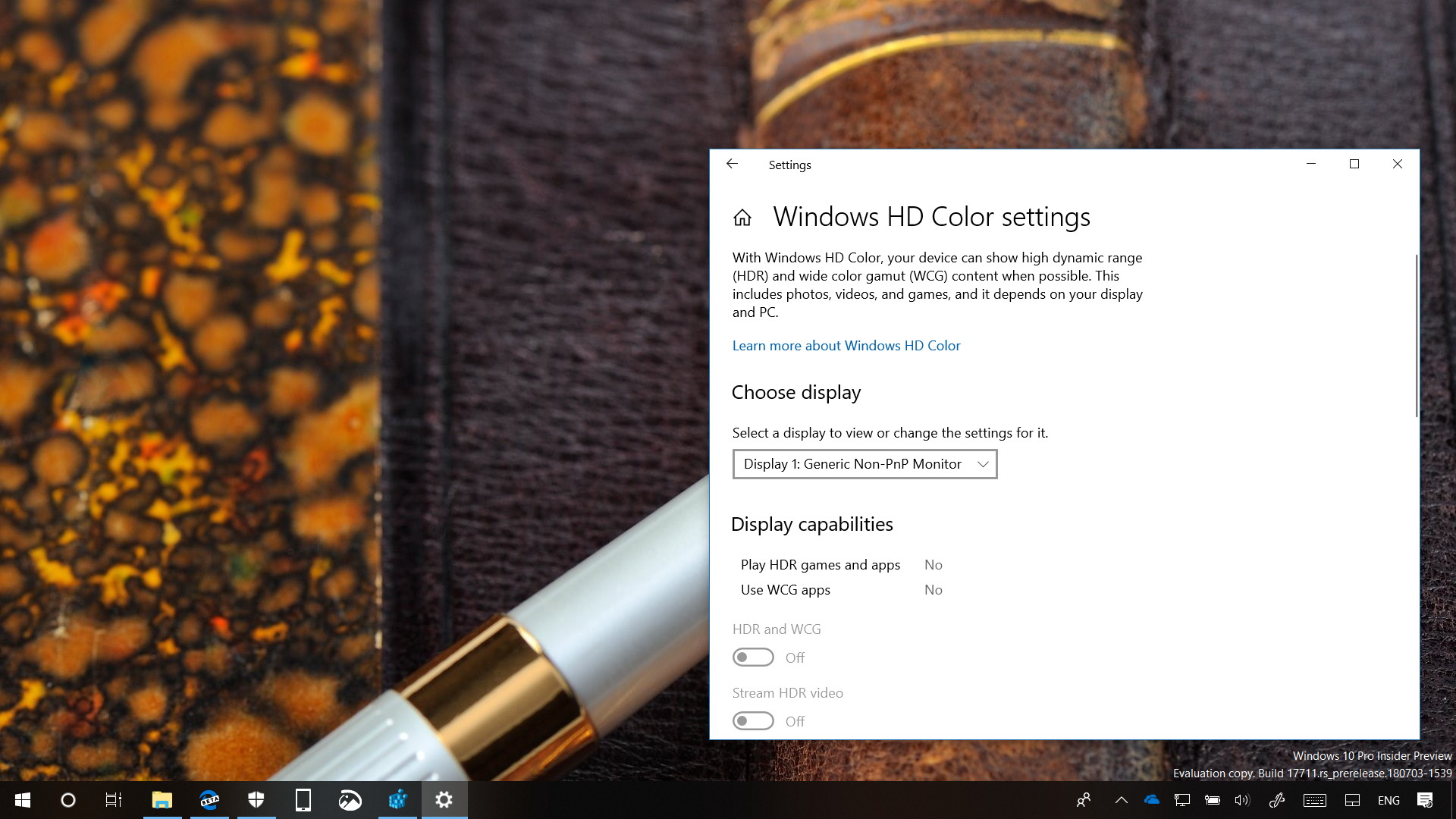 Windows 10 build 17711 HDR settings page