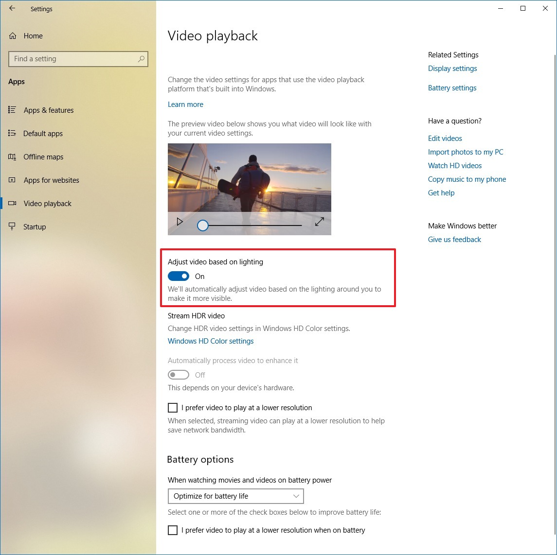 Adjust video based on lighting settings on Windows 10 Redstone 5