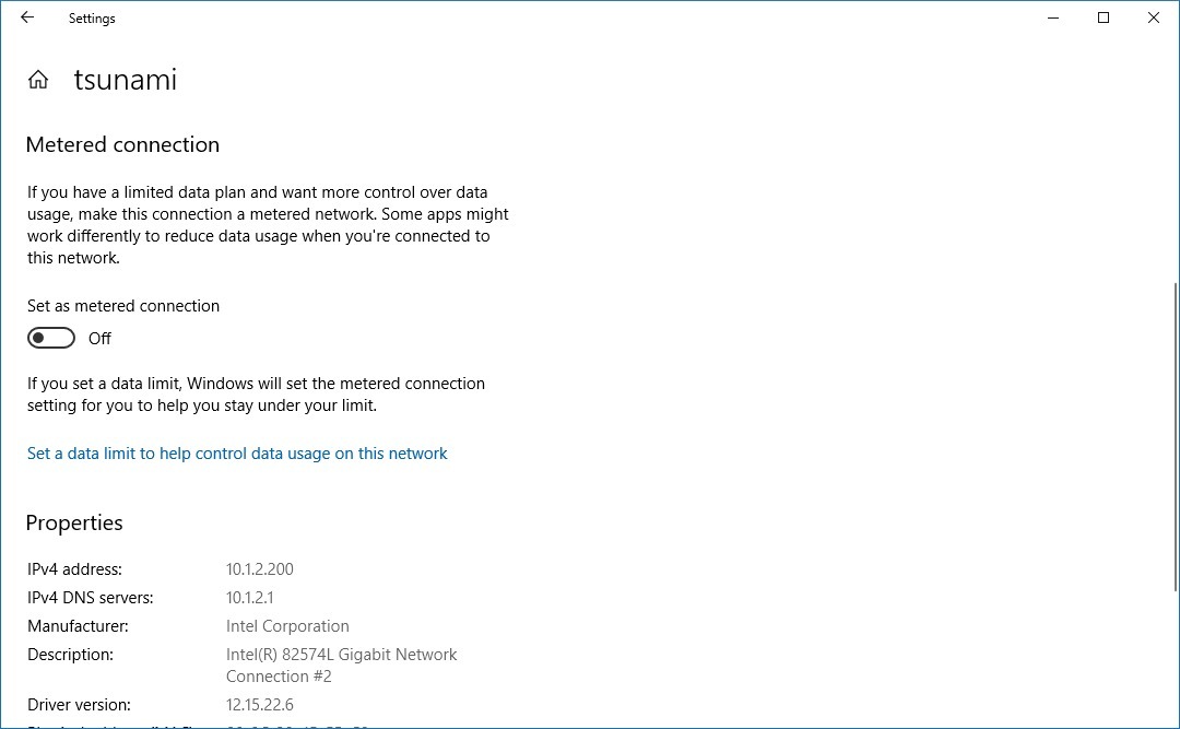 Disable metered network connection on Windows 10