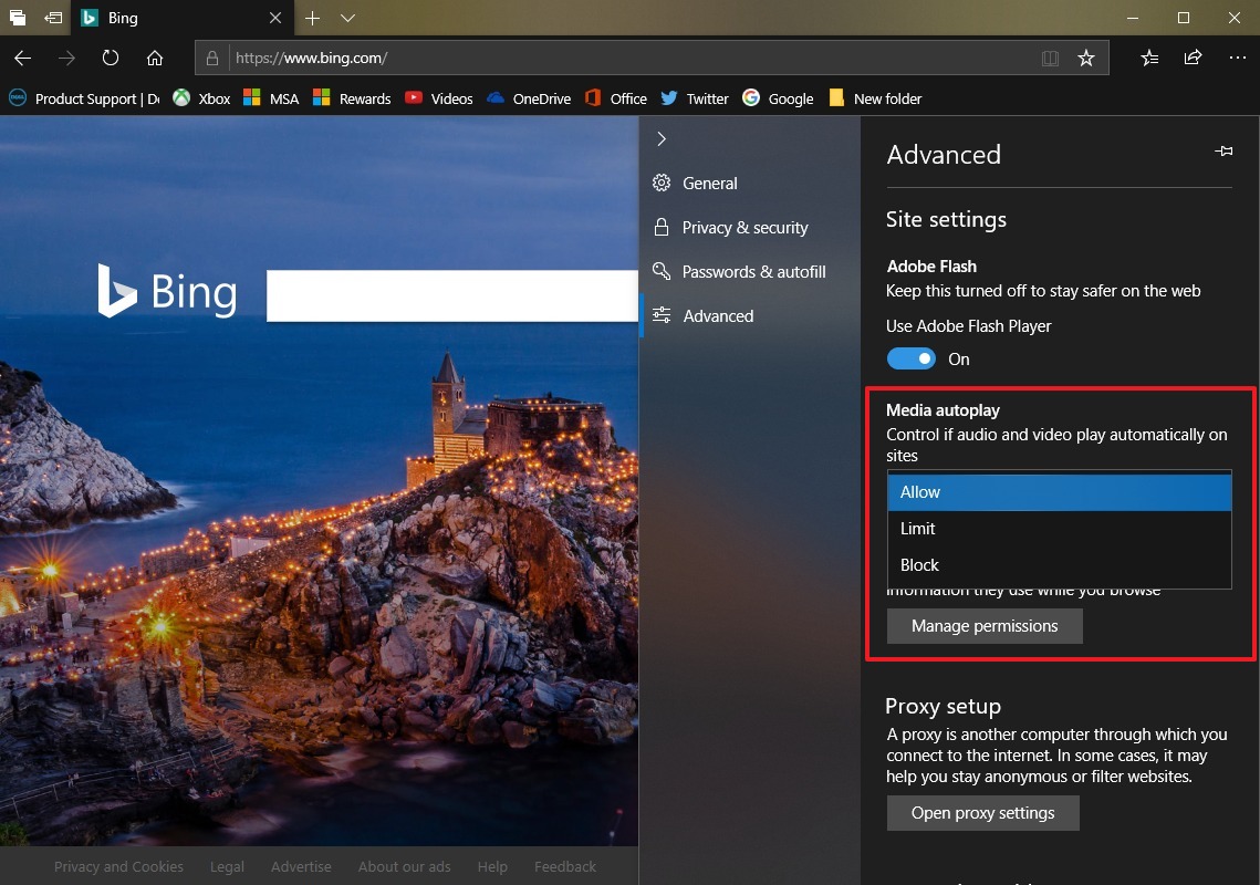 Microsoft Edge Media autoplay settings on Windows 10 Redstone 5
