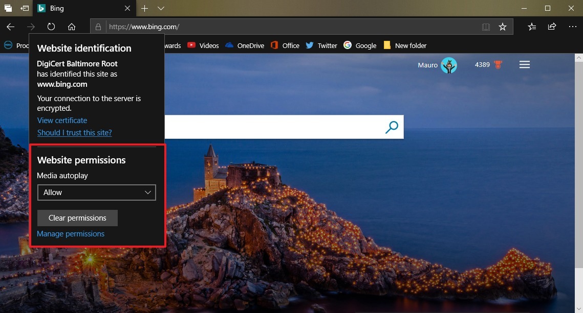 Microsoft Edge Media autoplay settings per website