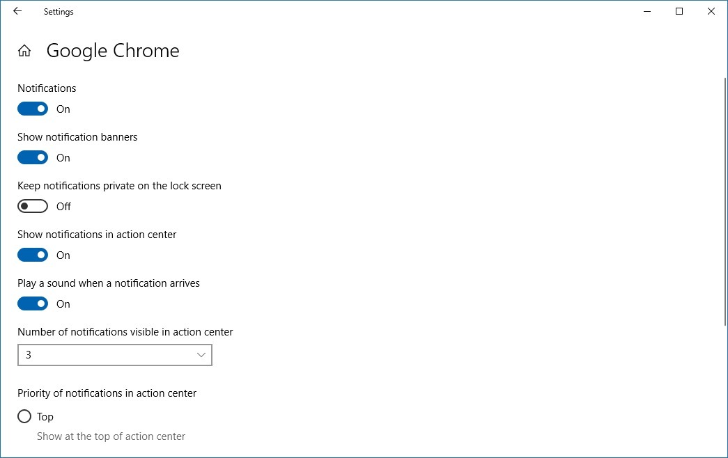 Google Chrome notification settings on Windows 10