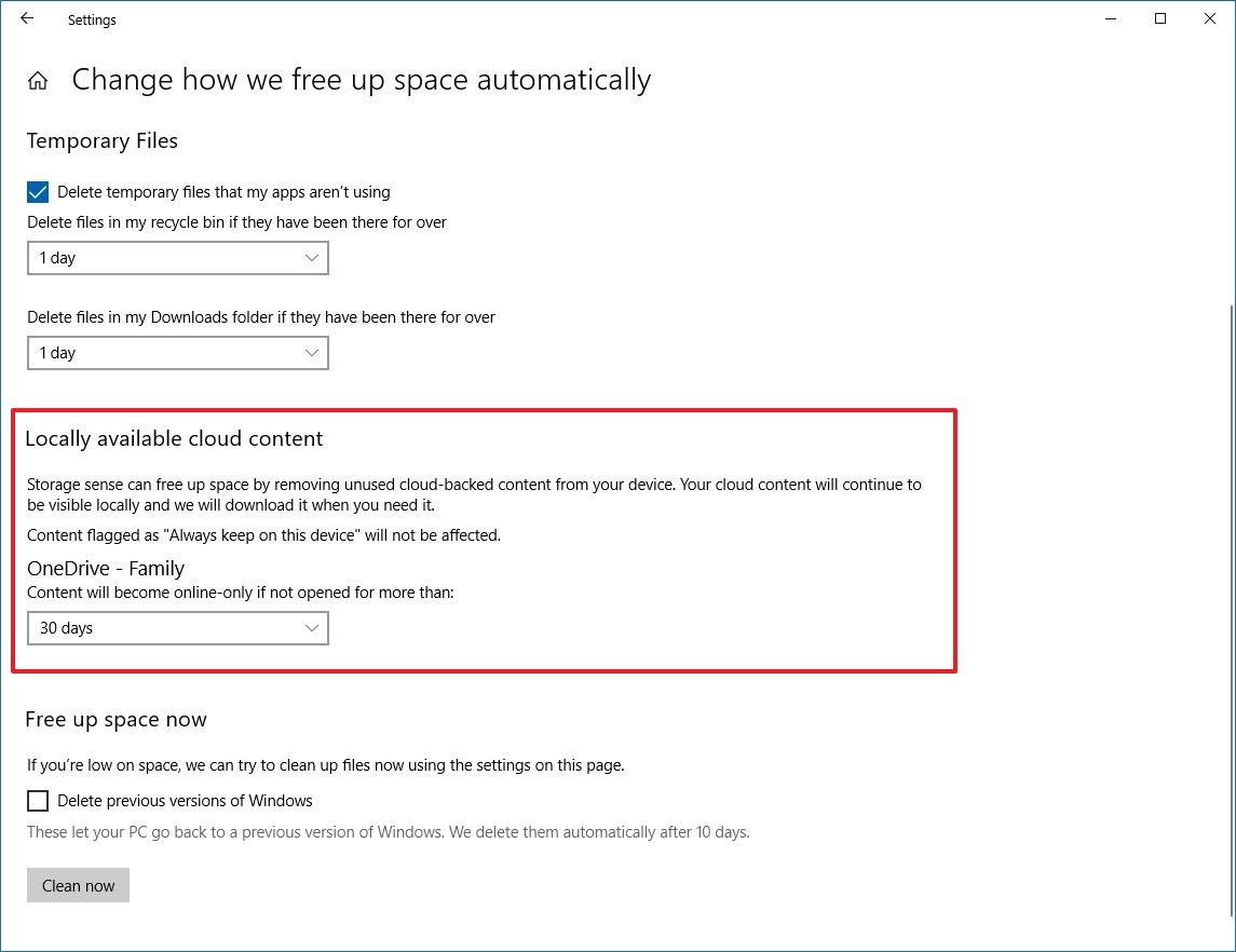 Storage Sense with OneDrive option to free up space