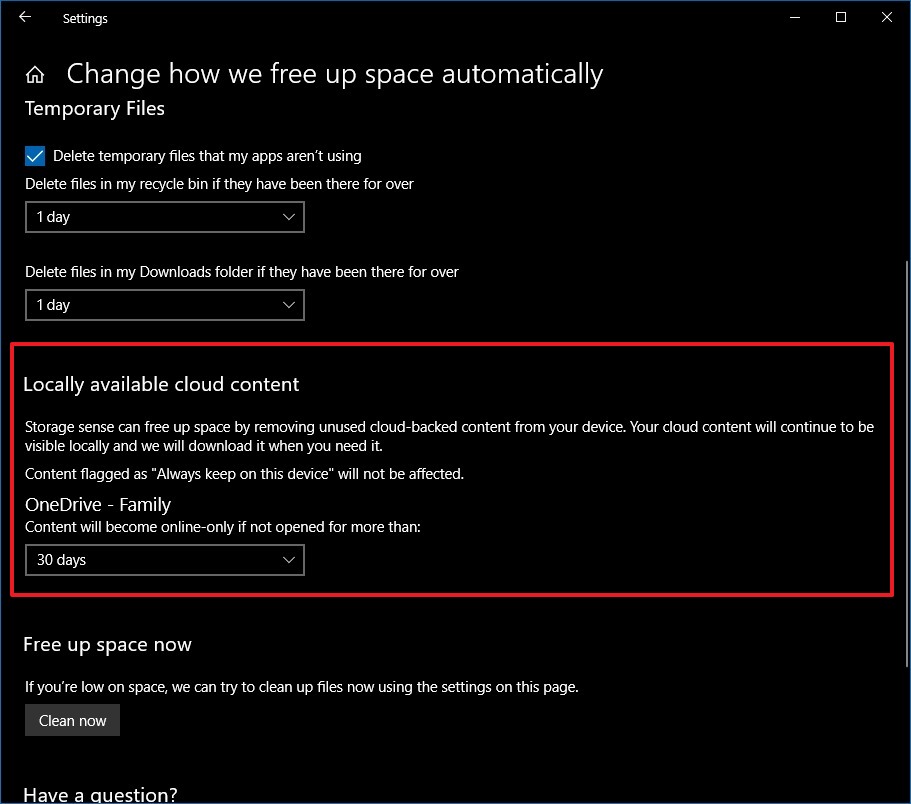 Storage sense with OneDrive option on Windows 10 Redstone 5