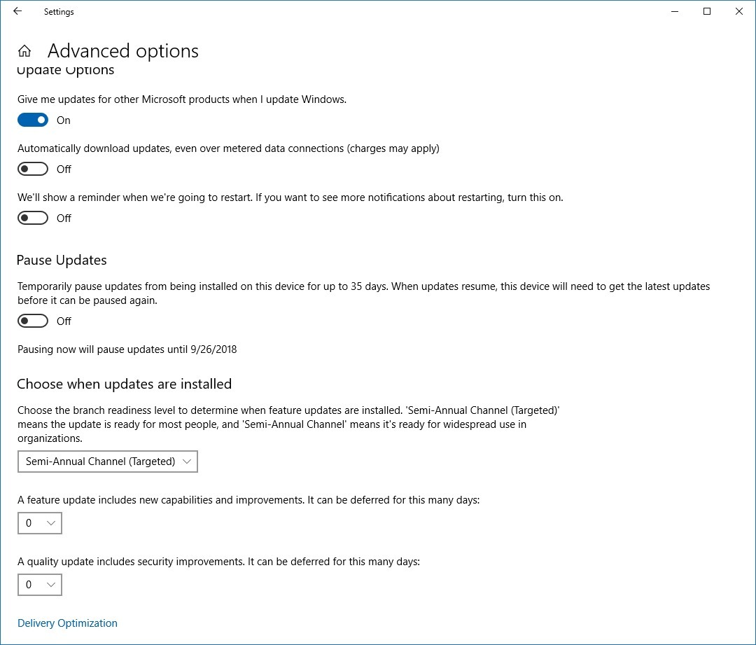 Windows Update advanced options