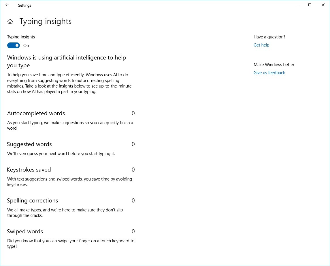 Typing insights on Windows 10 Redstone 5