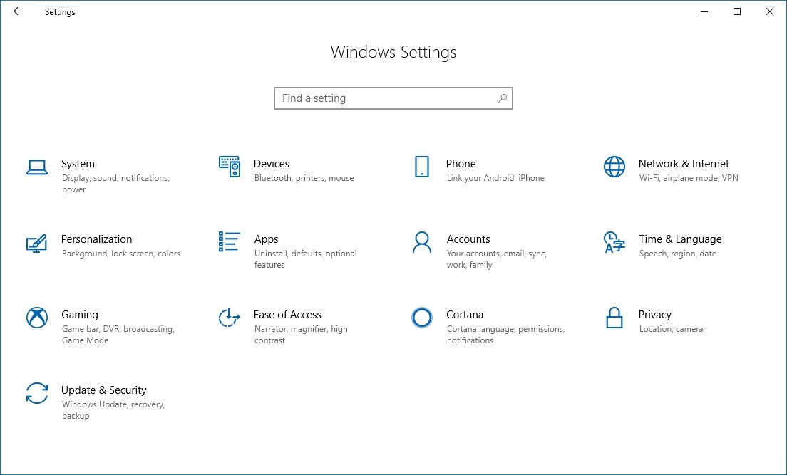 Settings app homepage on Windows 10