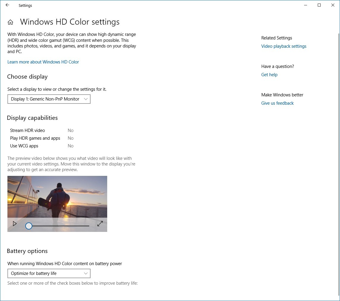Windows HD Colors settings on Windows 10 version 1809