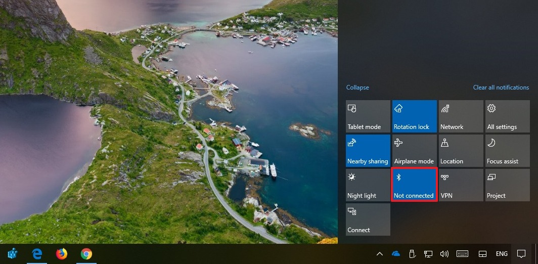 Bluetooth button in Action Center