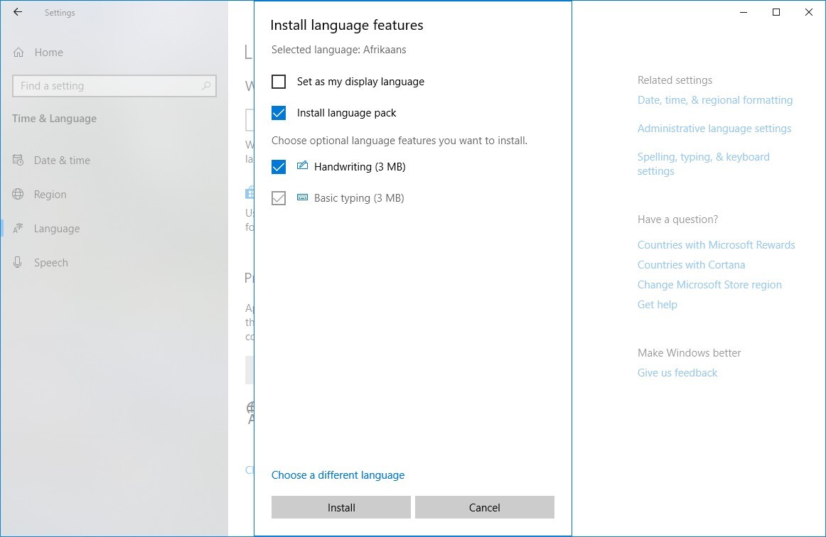 Language options on Windows 10 version 1903