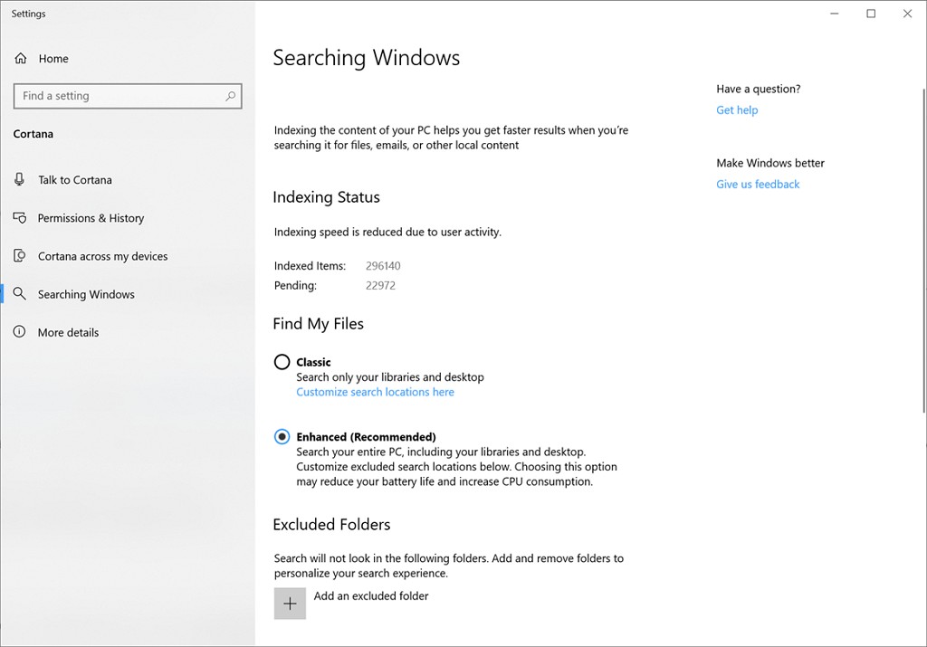 Searching Windows settings on Windows 10 build 18267