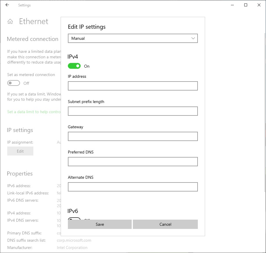 Windows 10 Ethernet TCP/IP settings