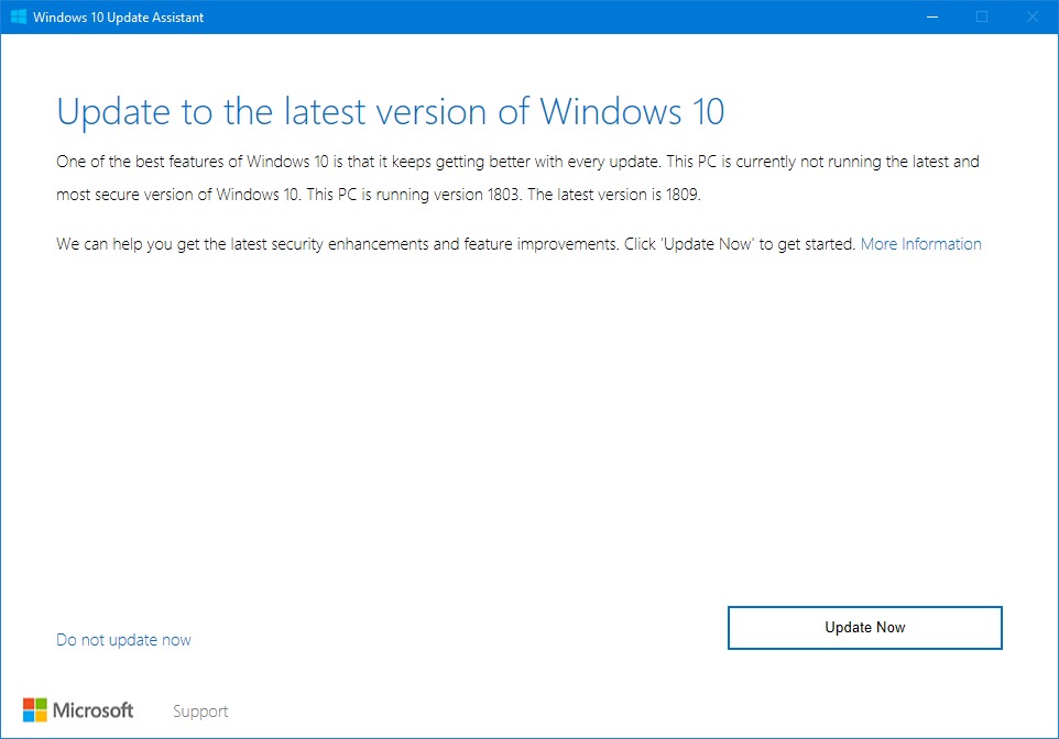 Windows 10 version 1809 Update Assistant