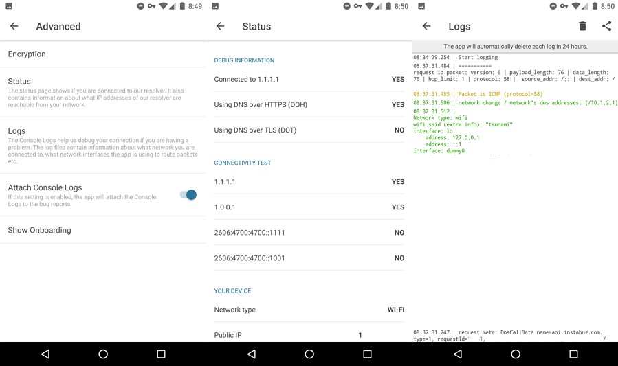 CloudFlare Android and iOS app advanced settings