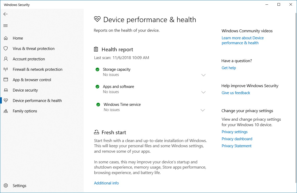 Windows Security Device performance and health section
