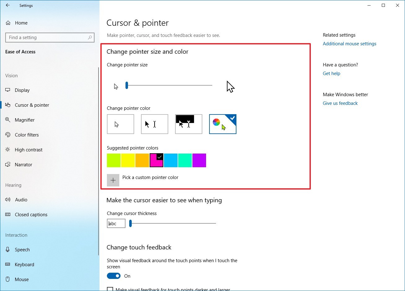 Cursor and pointer settings for Windows 10