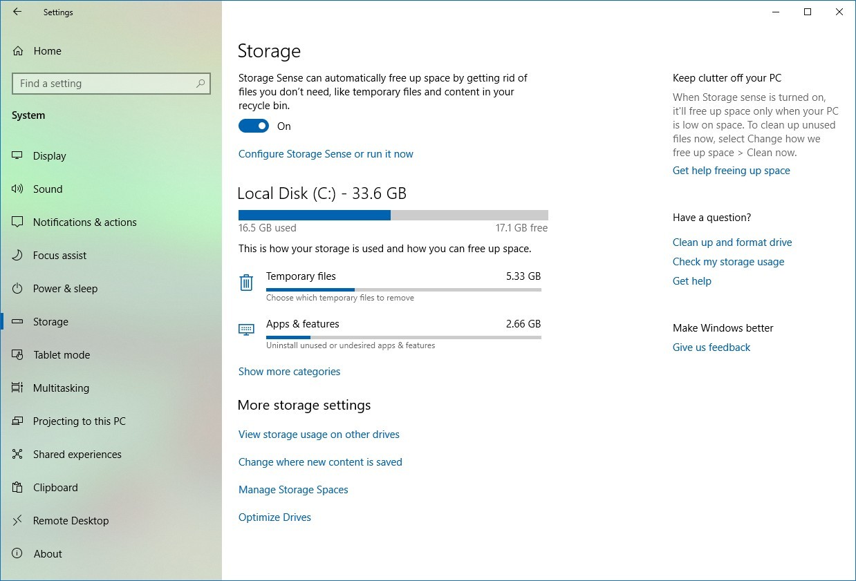 Storage settings on Windows 10 19H1