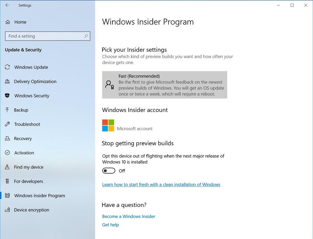 Windows Insider Program settings page on Windows 10 version 1903