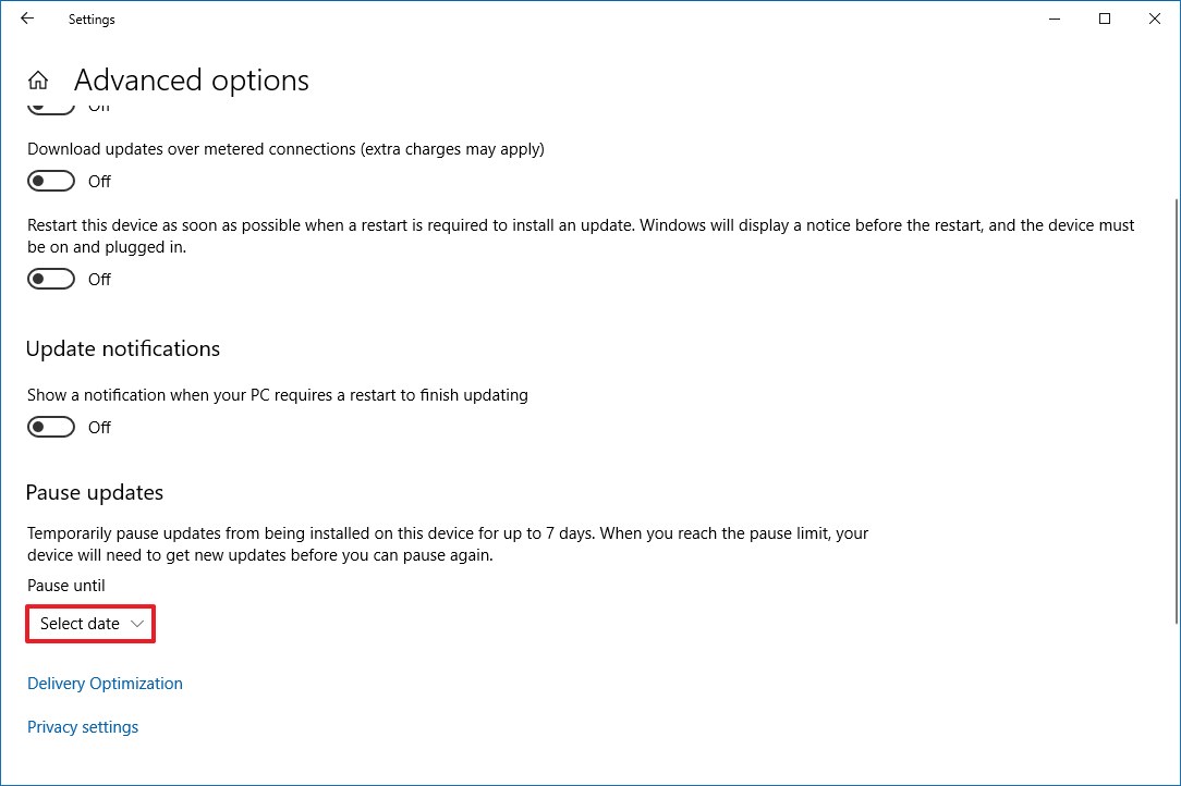 Windows 10 Advanced options page with new Pause Updates settings