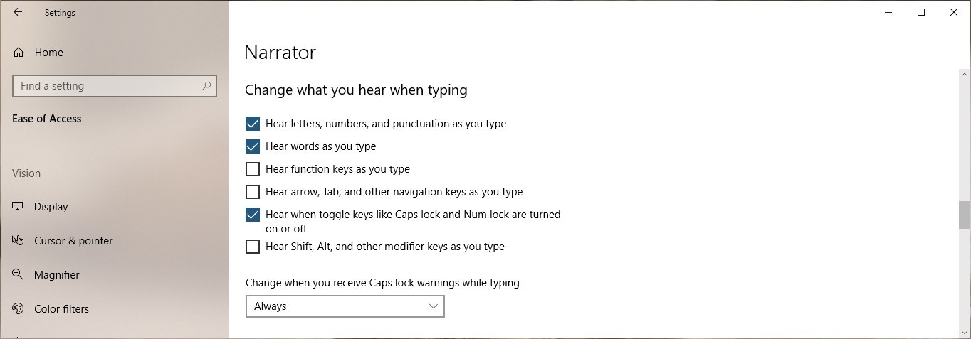 Narrator, Change what you hear when typing