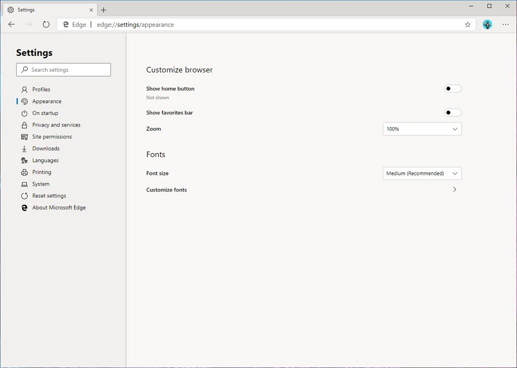 Microsoft Edge, Chromium, Appearance page