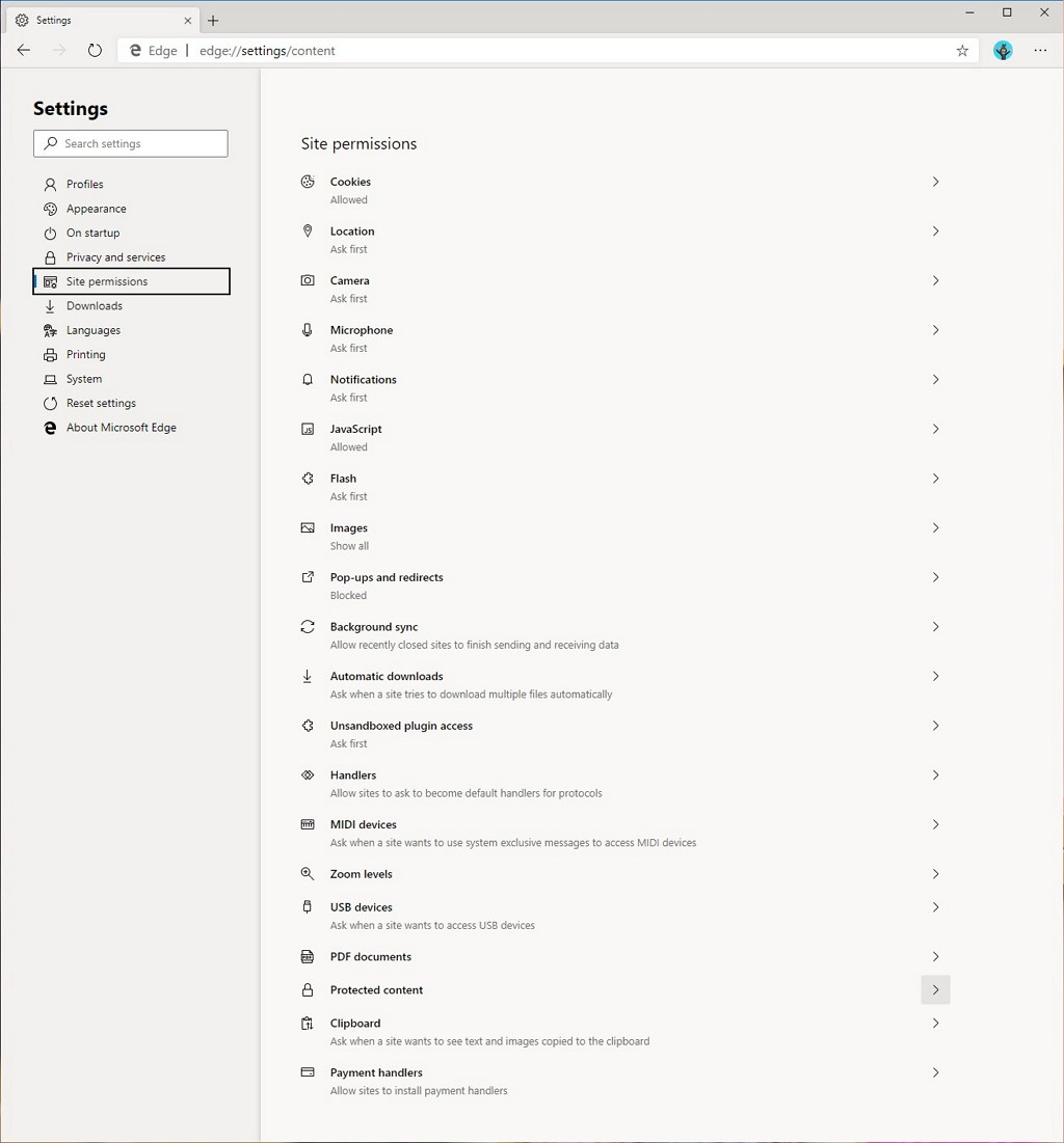 Microsoft Edge, Chromium, Site Permissions page