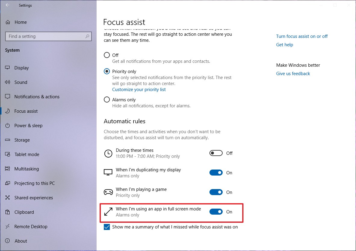 Focus assist on Windows 10 April 2019 Update