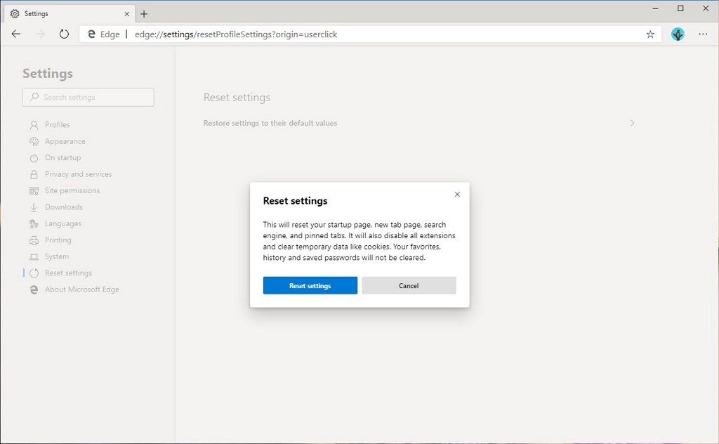 Microsoft Edge, Chromium, Reset settings page