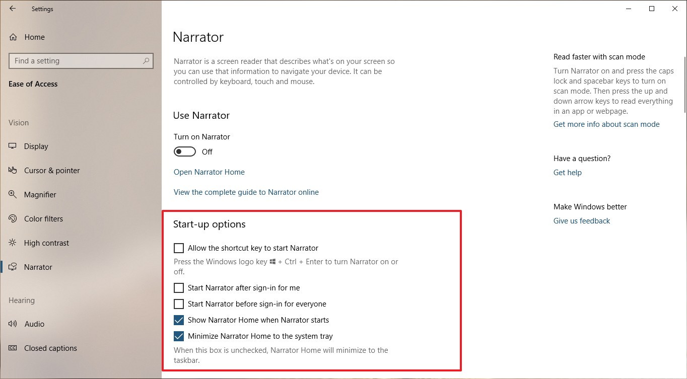 Narrator quickstart windows 10 что это