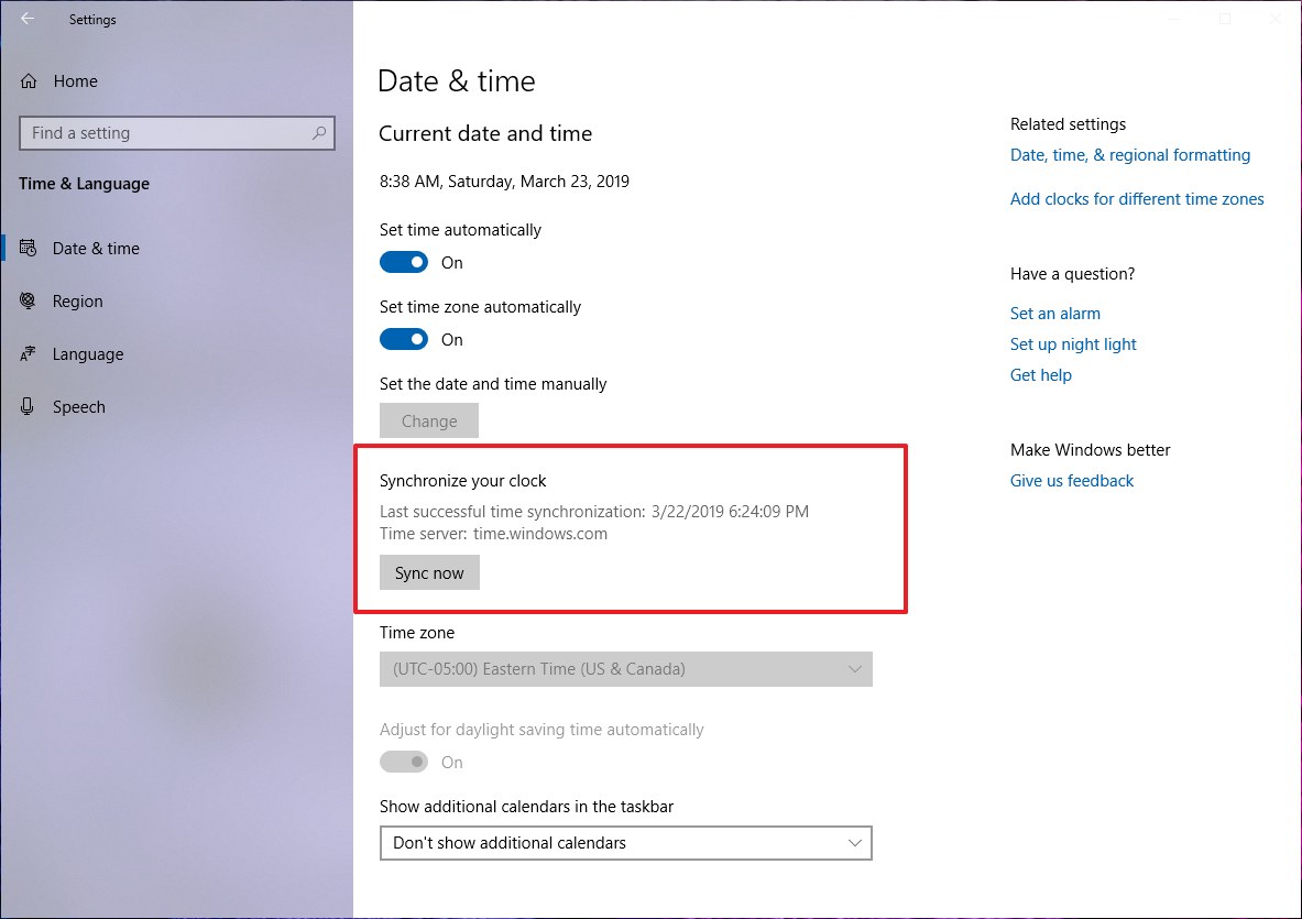 Date & Time settings with manual clock sync option on Windows 10 version 1903