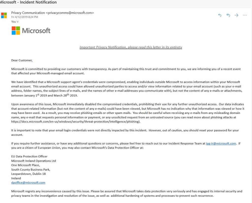 Microsoft Outlook breach statement, source Reddit (@Keats852)