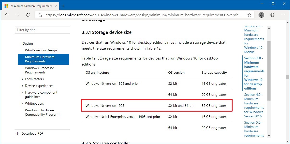 Windows 10 version 1903 32GB storage requirement