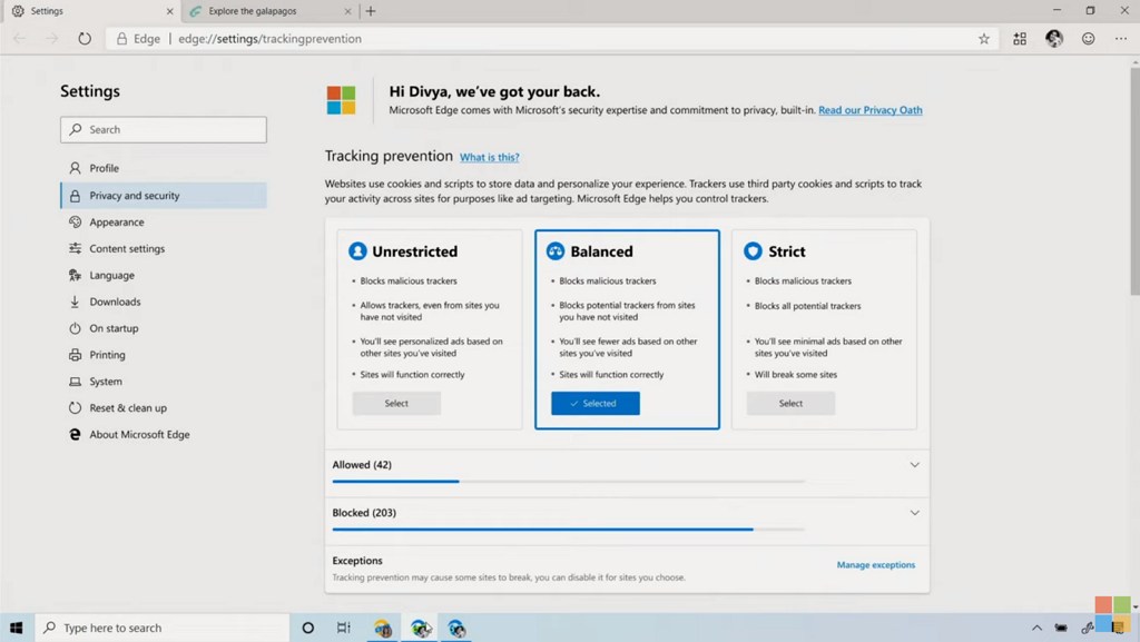 Privacy levels on Edge Chromium