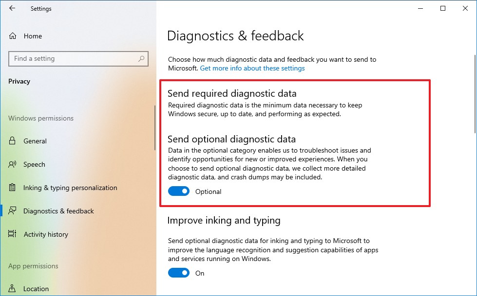 Diagnostic & feedback settings on Windows 10 version 2009