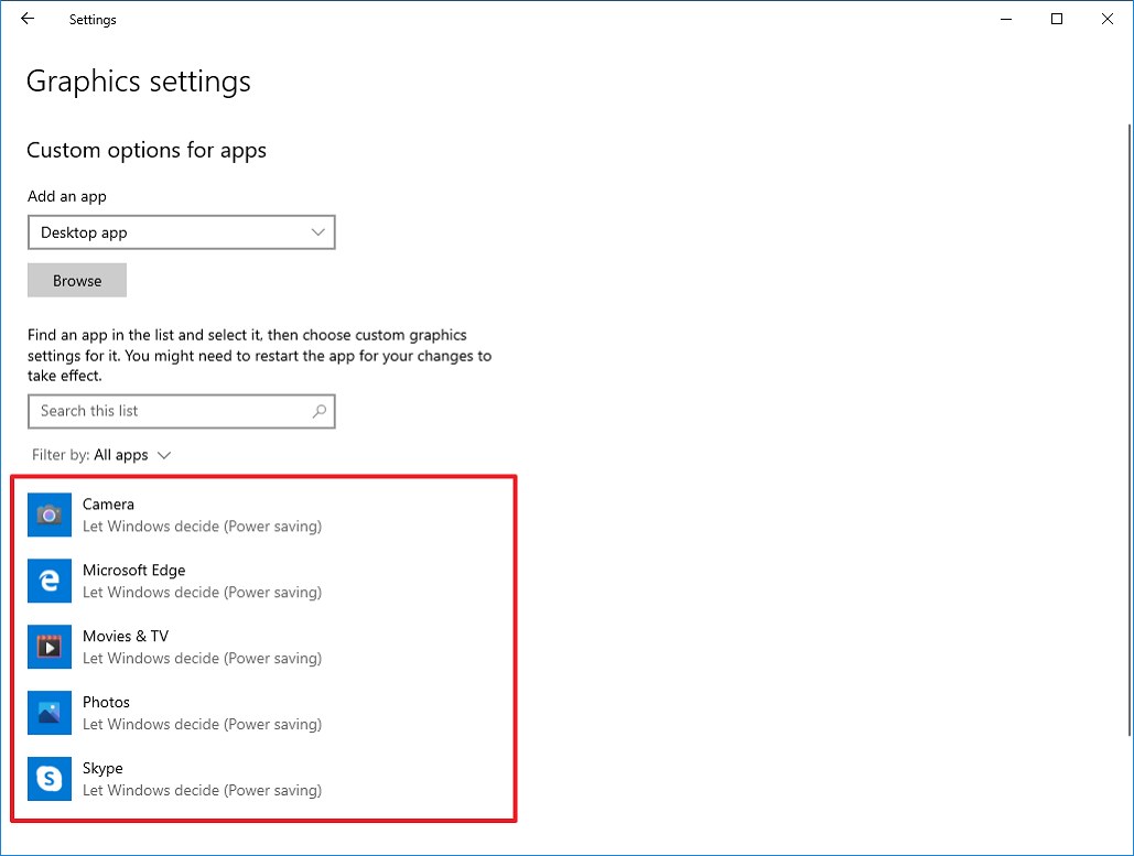 Graphics settings on Windows 10 version 2009