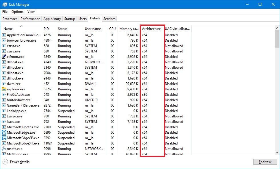 Task Manager Details tab with Architecture column
