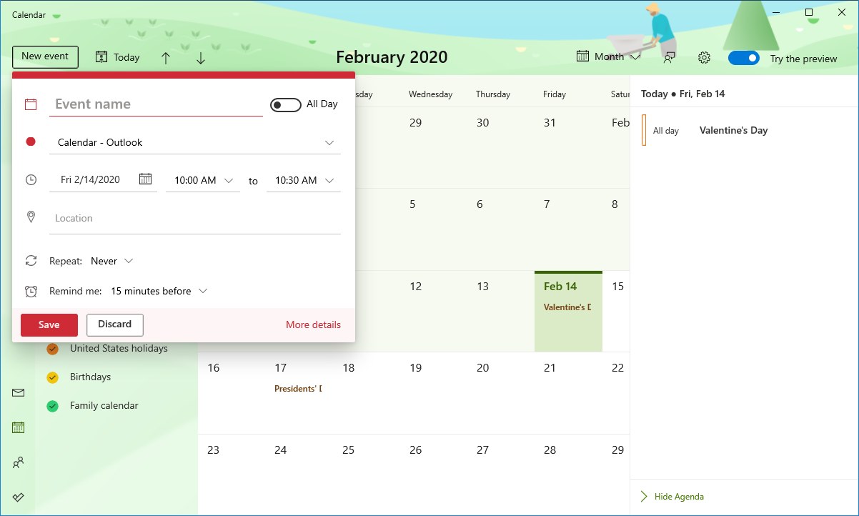 Calendar add new events interface