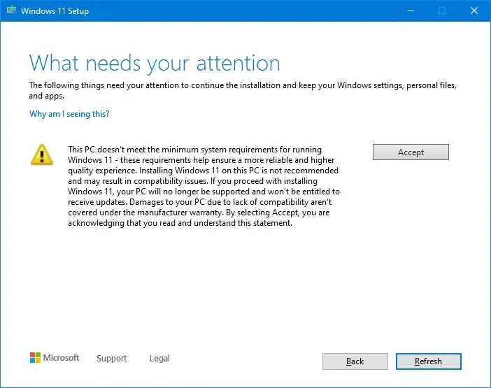 Windows 11 setup requirement warning
