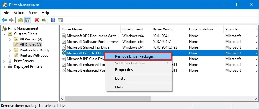 delete print driver win 10