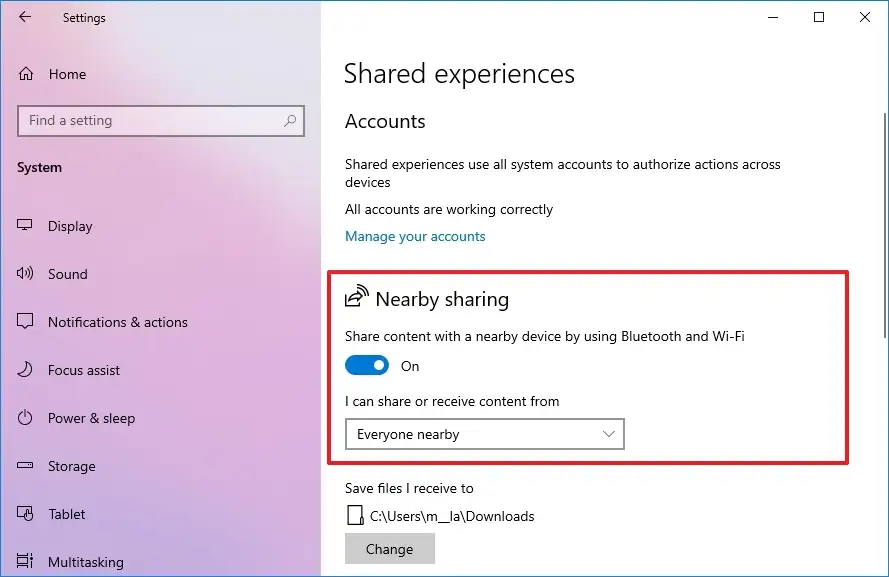 Windows 10 enable Nearby Sharing