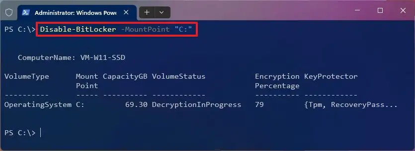suspend bitlocker windows 11 command line