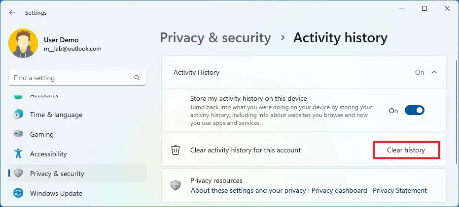 Clear activity history for this account