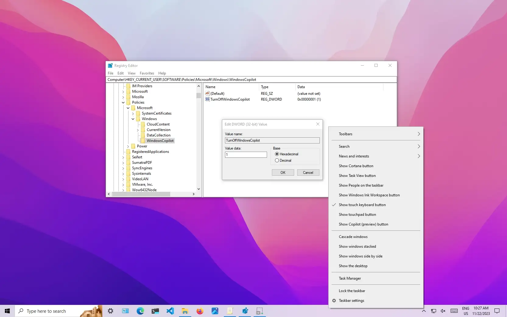 How to disable Windows 10 Copilot from Taskbar - Pureinfotech