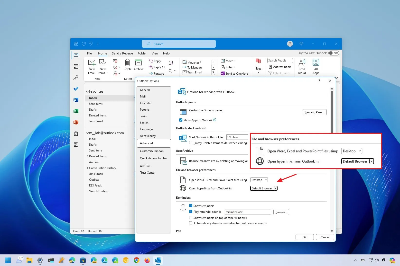outlook set default browser to open links