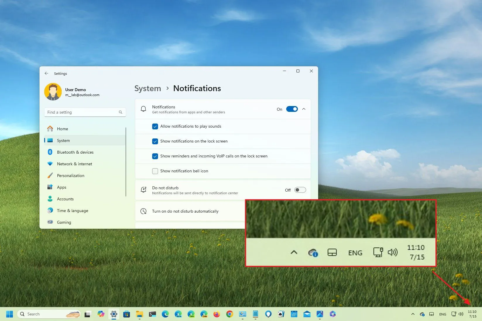 remove notifications bell icon from taskbar windows 11