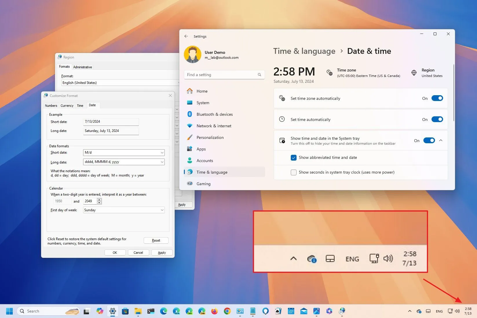 how to show long date in taskbar windows 11